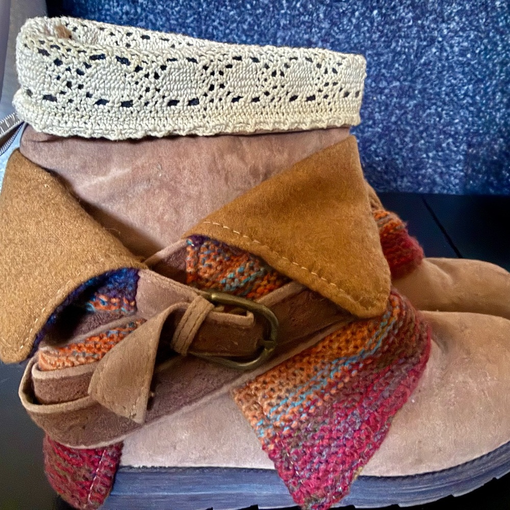MUK LUKS Brown Ankle Boots with Multicolor Knit Accents, Straps & Buckles